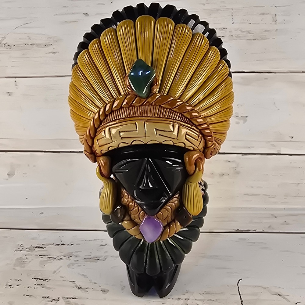 Hand Carved Black Obsidian Mayan Aztec Warrior Mask Figurine with Stone Inlays